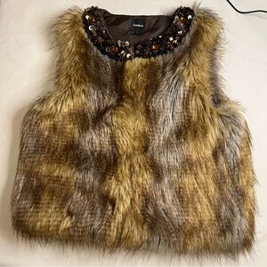 Express faux fur vest sequins‎ brown soft neck eye hook closure women's large